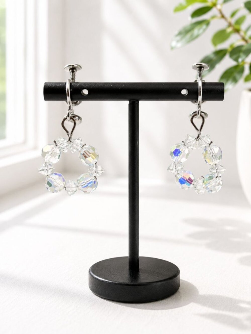 Vintage Crystal Screw-Back Earrings With Iridescent Beads & Metal Hardware 1-Inc